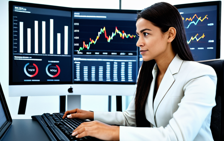 A professional female risk manager in a modest business suit, seated at a modern desk in a well-lit, organized control room. She is confidently interacting with a sleek digital dashboard displaying complex data, charts, and real-time compliance reports for hazardous material management. The background subtly shows a sophisticated, clean industrial facility. The image portrays efficiency, control, and digital transformation. safe for work, appropriate content, fully clothed, professional dress, perfect anatomy, correct proportions, natural pose, well-formed hands, proper finger count, natural body proportions, high-quality professional photography.
