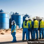 Home 17 위험물관리사 실무에서 발생한 실제 사고 사례 - A detailed industrial scene depicting a hazardous chemical spill emergency response in an Arabic-spe...