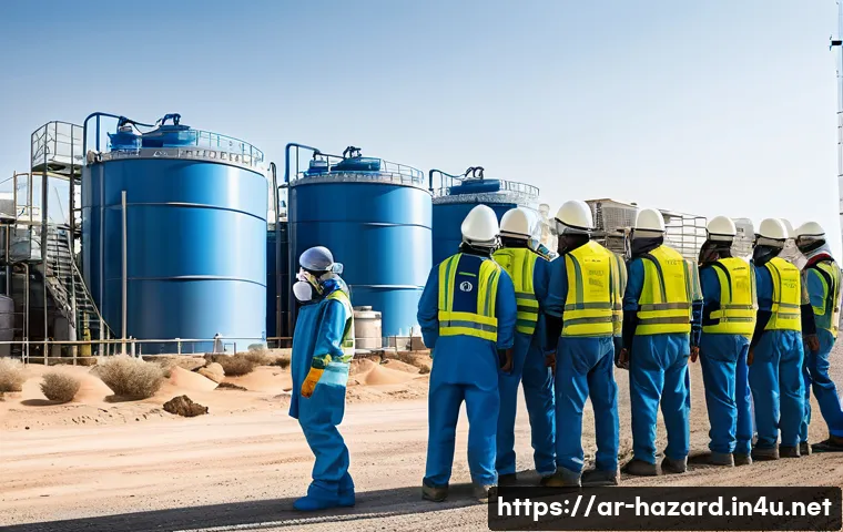 위험물관리사 실무에서 발생한 실제 사고 사례 - A detailed industrial scene depicting a hazardous chemical spill emergency response in an Arabic-spe...