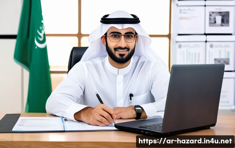 위험물관리사 자격증 시험 접수 방법 - A professional Arabic man in his early 30s wearing business casual attire, sitting at a modern desk ...