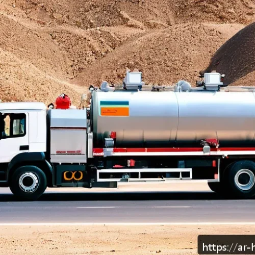 Home 15 위험물관리사 실무에서의 위험물 운반 절차 - A detailed scene of a modern hazardous materials transport truck designed for flammable liquids, fea...