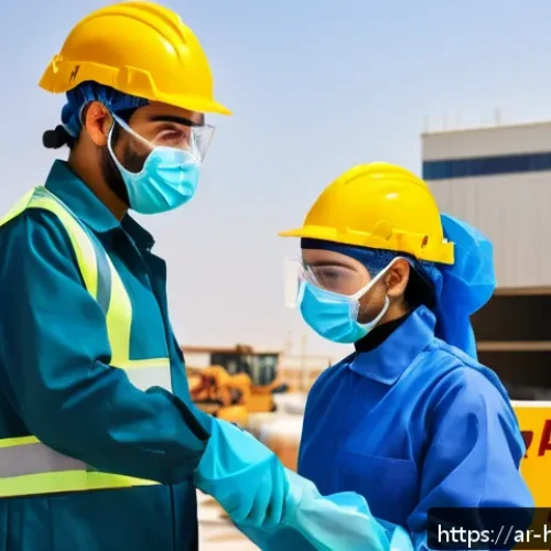 위험물관리사 필수 법정 교육 종류 - A professional Middle Eastern male and female workers in a modern industrial setting, wearing approp...