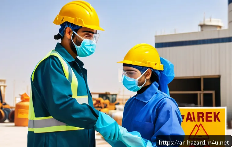 위험물관리사 필수 법정 교육 종류 - A professional Middle Eastern male and female workers in a modern industrial setting, wearing approp...