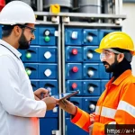 위험물관리사와 소방안전관리의 차이점 - A detailed industrial safety scene in a modern Middle Eastern chemical plant, showing a chemical ris...