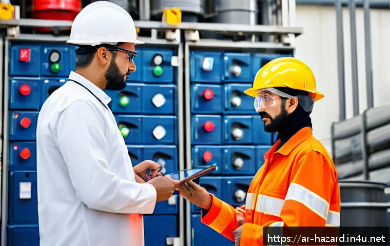 위험물관리사와 소방안전관리의 차이점 - A detailed industrial safety scene in a modern Middle Eastern chemical plant, showing a chemical ris...