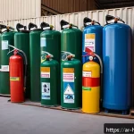 위험물관리사 시험 출제 경향 파악하기 - A detailed scene of a hazardous materials storage facility in a Middle Eastern industrial zone, show...