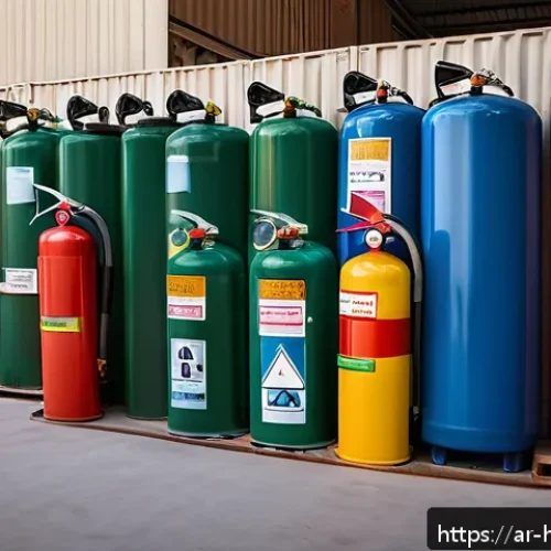 위험물관리사 시험 출제 경향 파악하기 - A detailed scene of a hazardous materials storage facility in a Middle Eastern industrial zone, show...