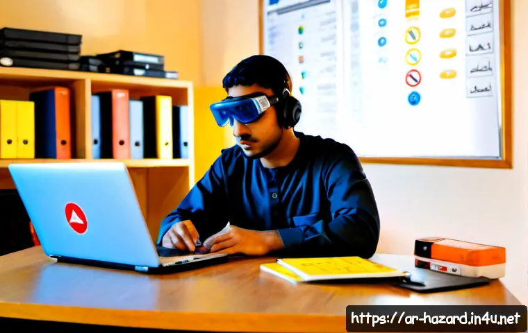위험물관리사 자격증 준비에 도움이 되는 유튜브 채널 - Photorealistic Arab engineering student in a neat home study space, watching a safety-training video...